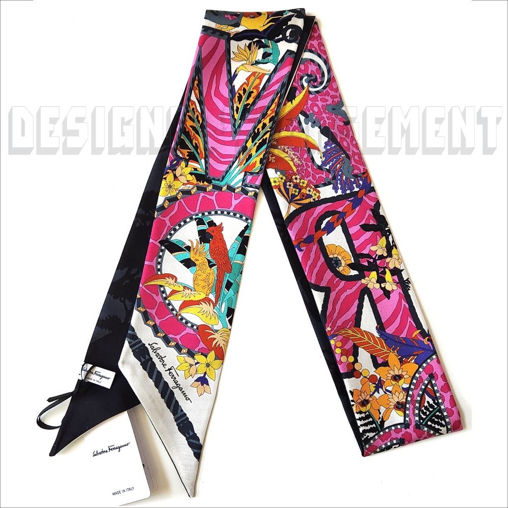 SALVATORE FERRAGAMO pink AMO Jungle 2-sided skinny TWILLY silk twill scarf +🎁 - Picture 5 of 7
